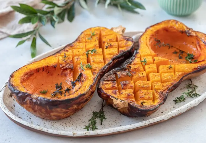 Butternut au barbecue, coupé en deux, grillé et parsemé de thym frais. La chair orangée est tendre et caramélisée.