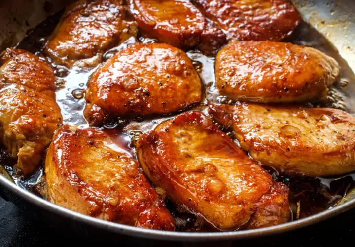 Filet mignon en train de dorer dans une poêle, leur marinade caramélisée créant une sauce appétissante.