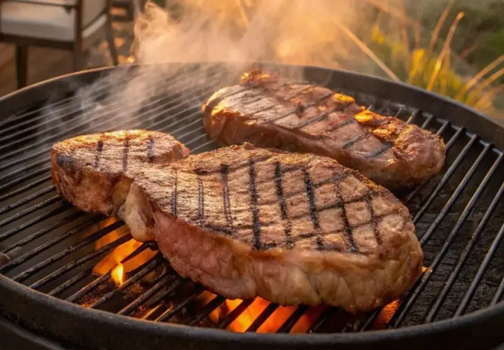 Deux picanhas de boeuf grillent sur un barbecue, dégageant une fumée appétissante. Les marques de grill sont parfaites.