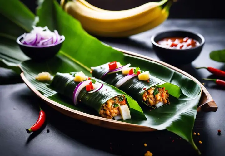 Deux rouleaux de riz et légumes, enveloppés dans une feuille de bananier, prêts pour la cuisson au barbecue. Garnis d'oignons rouges et de piments.