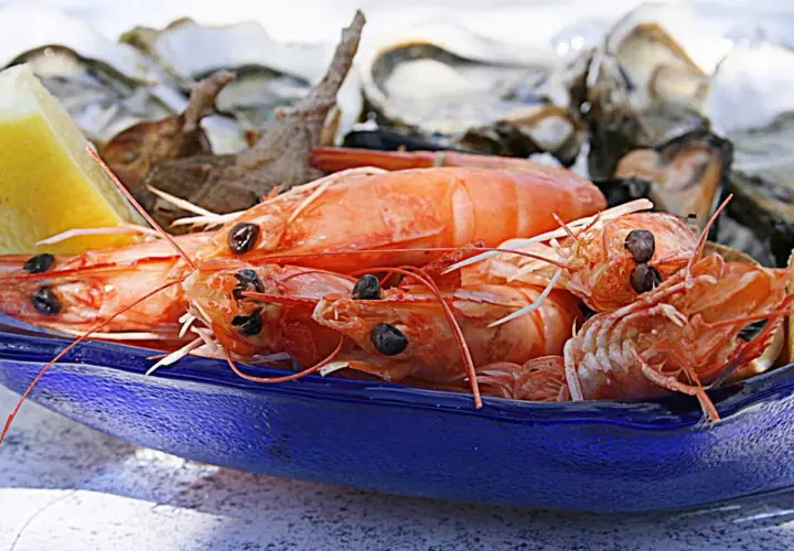 Gambas barbecue sur un plat bleu, avec des huîtres et un quartier de citron en arrière-plan. Un délice de fruits de mer prêt à être dégusté.