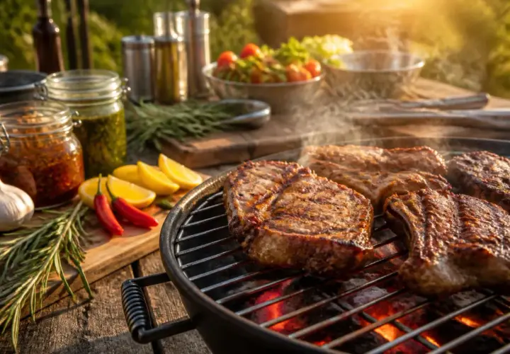 Des morceaux de lard juteux grésillent sur le barbecue, accompagnés d'ail, de piments et de citrons. Une scène parfaite pour un barbecue d'été.