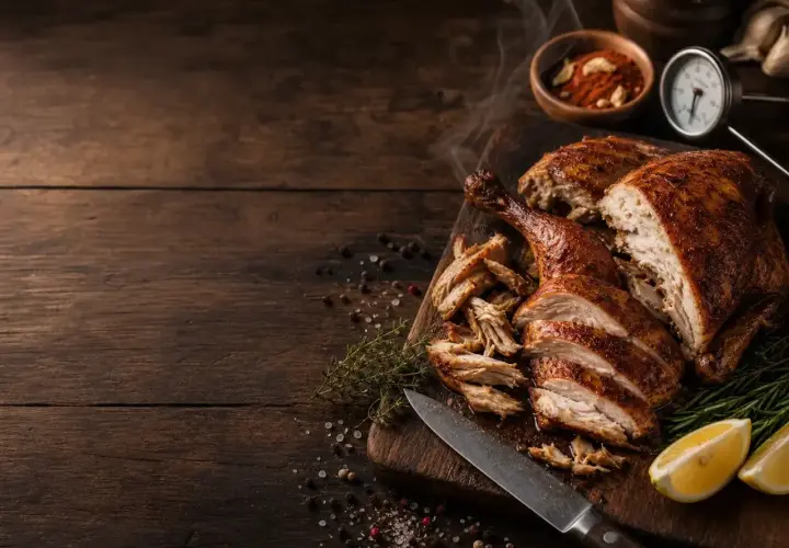Un délicieux poulet fumé, coupé en tranches, prêt à être dégusté. Une recette savoureuse avec des herbes et des citrons.
