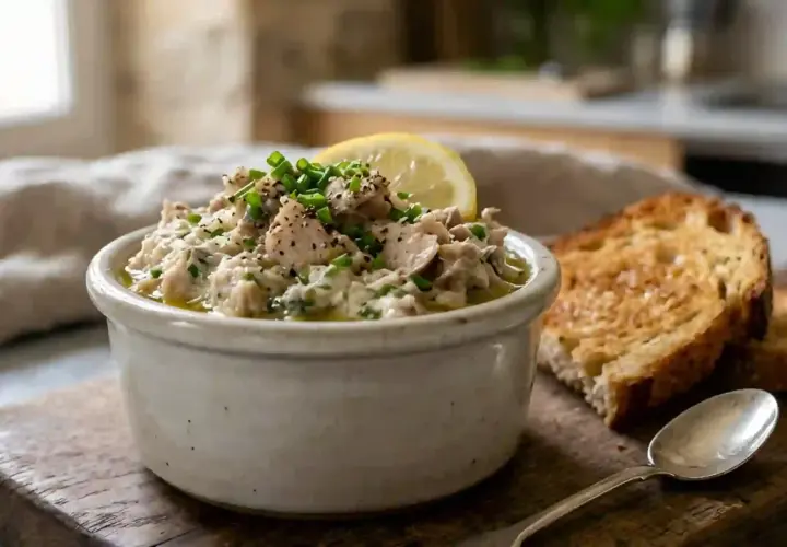Un bol de rillettes de maquereau, garni de ciboulette et d'une tranche de citron, servi avec des toasts grillés.