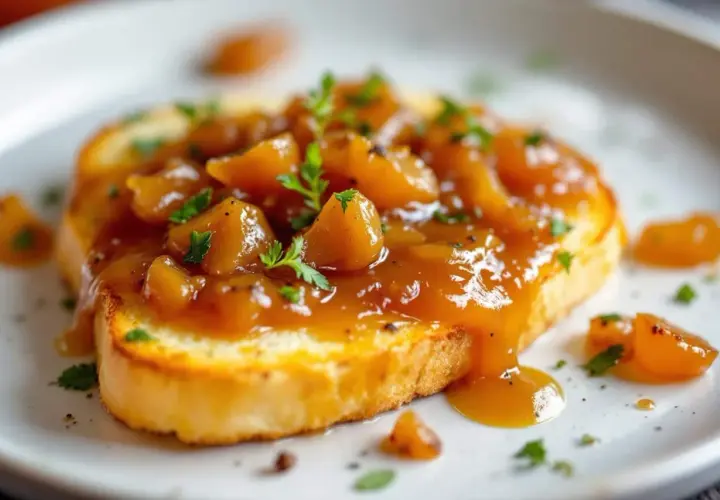 Tranche de pain grillé garnie d'une compotée dorée, parfaite pour une recette oignons caramélisés. Saupoudrée de persil frais.