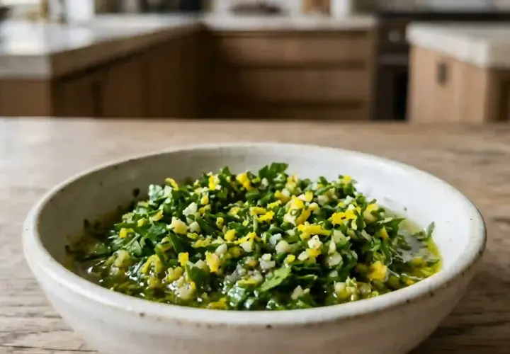 Un bol de gremolata fraîche, mélange de persil, ail et zeste de citron, prêt pour une recette savoureuse.