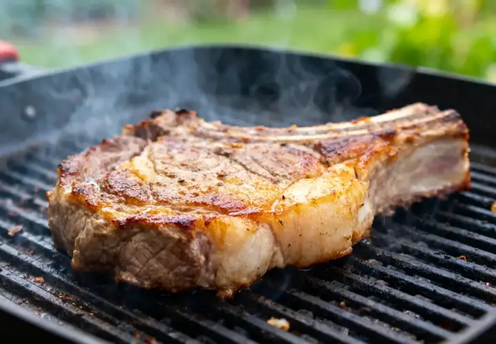 Une succulente basse côte de bœuf grésille sur un grill, dégageant une vapeur alléchante.