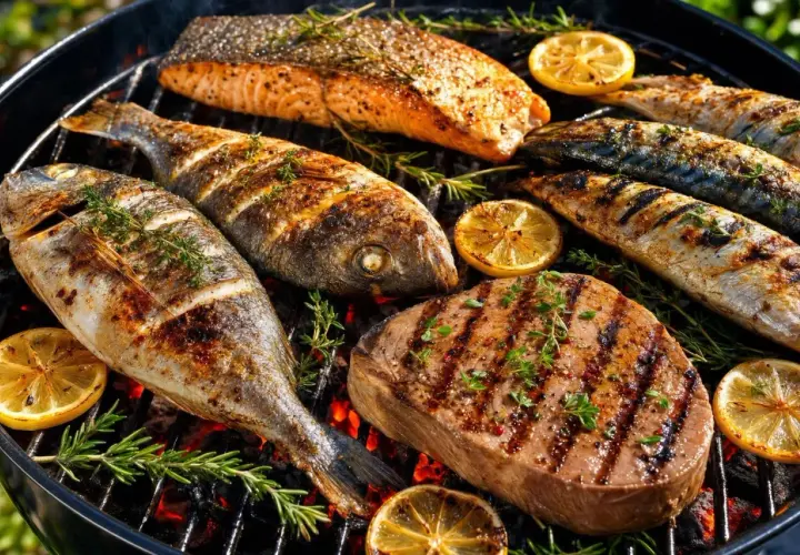 Dorades, saumon et steak grillés avec citrons et herbes. Parfait pour une recette marinade pour dorade au barbecue.