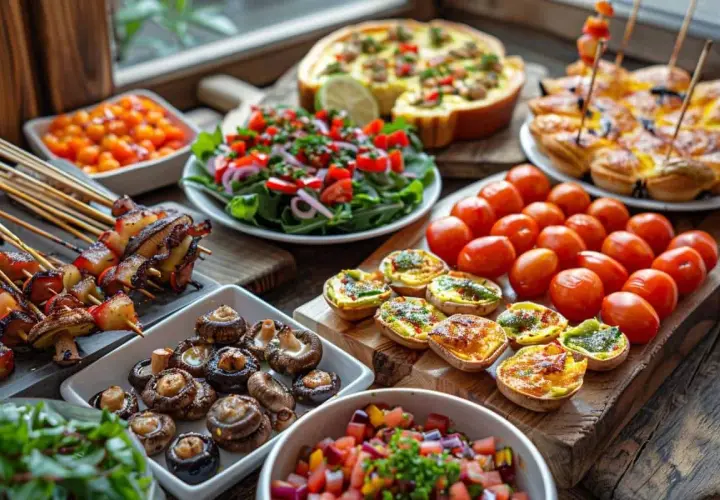 Un festin de tapas barbecue : brochettes, champignons farcis, quiches, salade fraîche et tomates cerises. Parfait pour un repas convivial.
