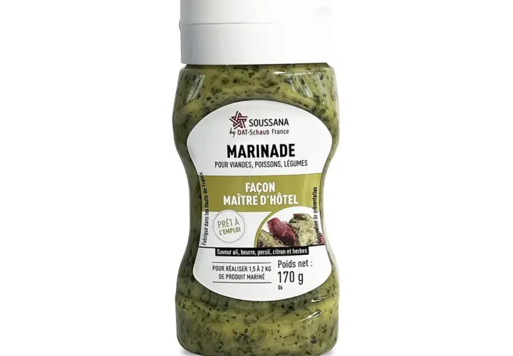 Bouteille de marinade Maître d'Hôtel prête à l'emploi, saveur ail, beurre, persil, citron et herbes. Idéale pour viandes, poissons et légumes.