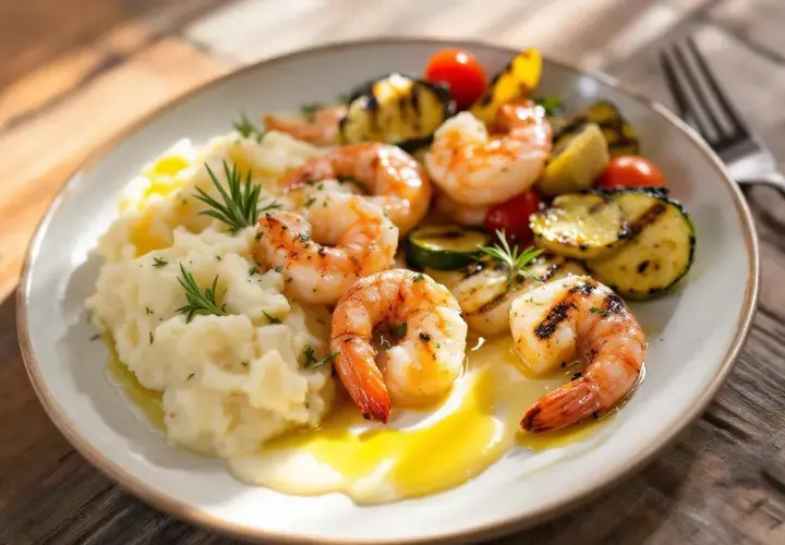 Une assiette appétissante d'entrée avec gambas grillées, purée de pommes de terre crémeuse et légumes rôtis.