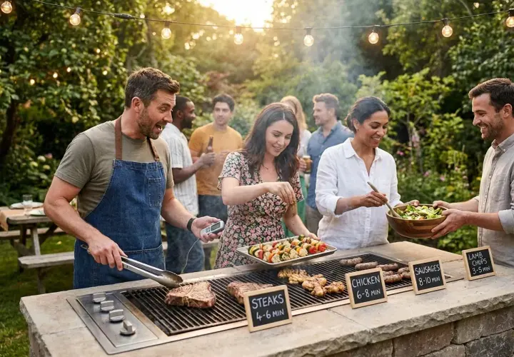 Ambiance estivale, amis réunis autour d'un barbecue gaz. Les indications de temps de cuisson barbecue gaz sont visibles : steaks, poulet, saucisses, côtelettes d'agneau.