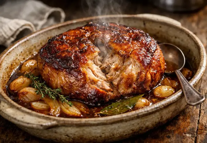 Rouelle de porc rôtie, tendre et juteuse, baignant dans une sauce savoureuse avec des oignons caramélisés et des herbes.