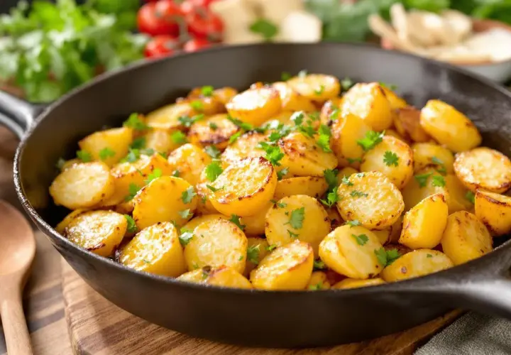Pommes de terre coupées en deux, dorées et garnies de persil frais, servies dans une poêle en fonte. Un délice de pomme de terre plancha !