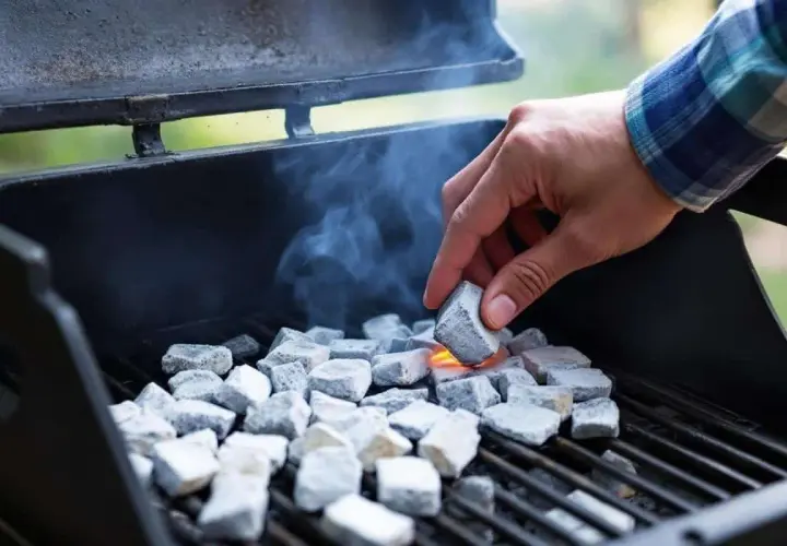 Une main allume des briquettes de charbon dans un barbecue, de la fumée s'échappe. On se demande combien de temps pour allumer un barbecue.