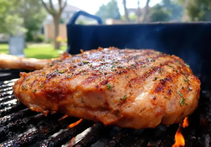 Un morceau d'agneau savoureux, grillé au barbecue, avec une belle marinade. Les herbes vertes parsèment la viande dorée.