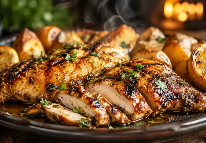 Poulet grillé, parfumé par une marinade savoureuse, servi avec des pommes de terre rôties et des quartiers de citron. Un délice qui évoque la brochette poulet parfaite.