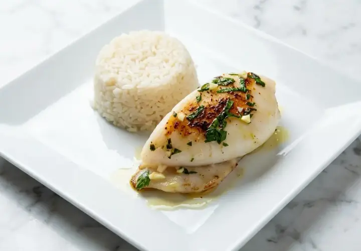 Délicieuse seiche à la plancha, servie avec du riz blanc et garnie d'herbes fraîches et d'ail.