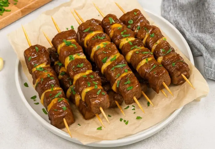 Plusieurs brochettes de bœuf et fromage, garnies de persil frais, sont présentées sur une assiette.