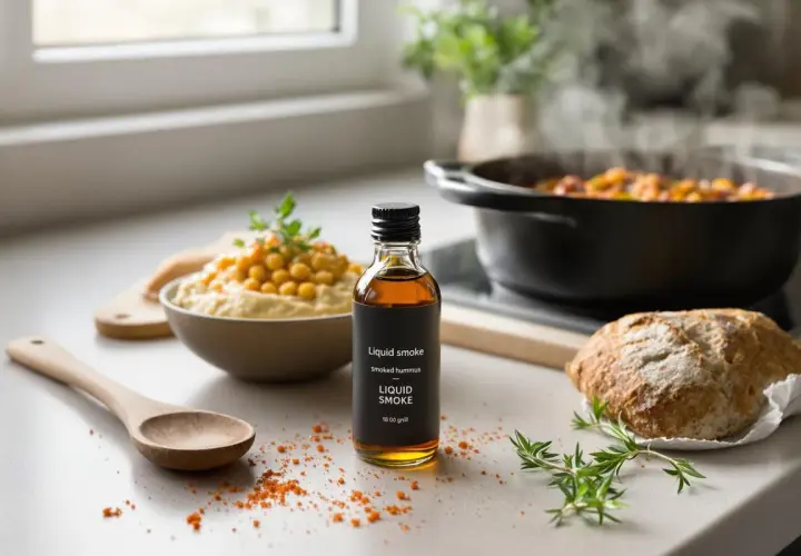 Comment donner un goût fumé aux aliments : une bouteille de "Liquid smoke" à côté d'un houmous et d'un pain rustique.