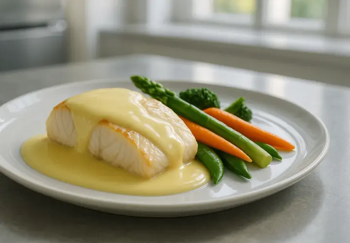 Filet de poisson nappé d'une sauce onctueuse, accompagné de légumes verts et carottes. Une recette beurre blanc qui fait saliver.