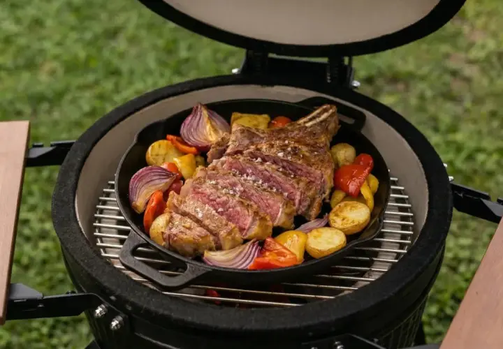 Côte de bœuf savoureuse et légumes rôtis dans un kamado. Un délice à partager !
