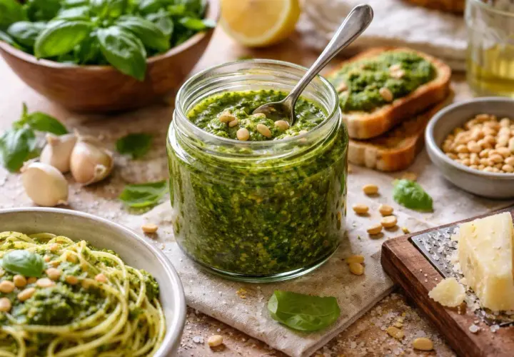 Un pot de pesto maison, prêt à être dégusté avec des pâtes ou sur du pain grillé. Une authentique pesto recette italienne.