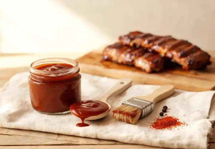 Sauce barbecue maison, prête à être appliquée sur des côtes grillées. Une cuillère déborde de sauce, un pinceau attend.