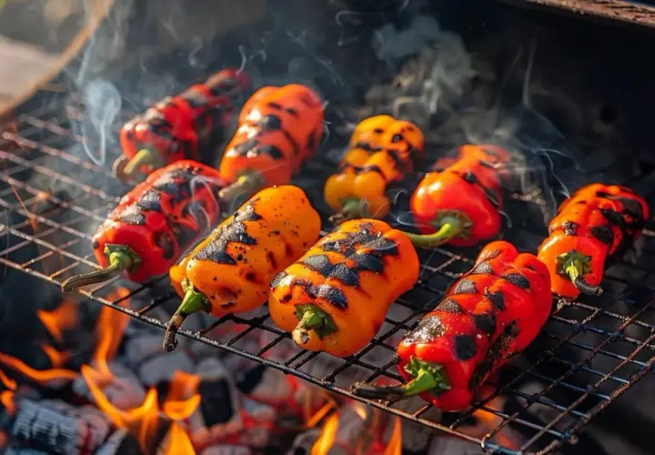Poivrons rouges et jaunes grillés sur un barbecue, dégageant une fumée alléchante. Le poivron barbecue parfait pour un repas d'été.
