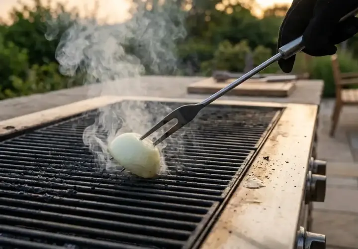 Une main gantée utilise une fourchette pour retourner un oignon sur un grill chaud, une astuce pour comment nettoyer un grill viande.