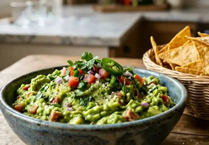 Un bol de guacamole frais, garni de tomates, oignons rouges, coriandre et jalapeño. Parfait pour une recette guacamole maison avec des chips tortilla à côté.