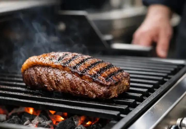 Une picanha de cochon juteuse grésille sur un barbecue, avec des marques de grill parfaites et de la fumée s'élevant.