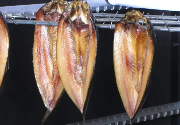 Trois poissons fumés, suspendus sur des crochets métalliques, révèlent leur chair dorée. La température de fumage à chaud est idéale pour cette cuisson.