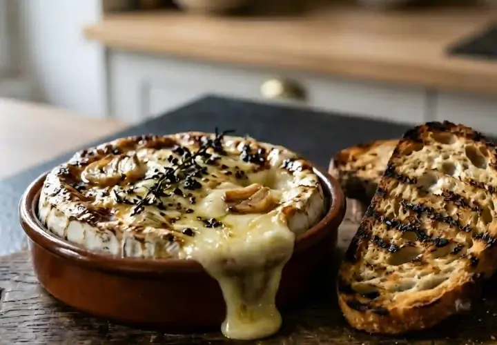 Un camembert au barbecue fondant, garni d'ail et de thym, servi avec des tranches de pain grillé. Un délice à partager !