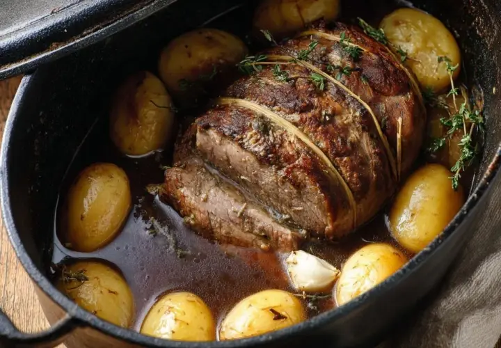Un rôti de quasi de veau, lié à la ficelle, mijote dans une cocotte avec des pommes de terre et de l'ail.