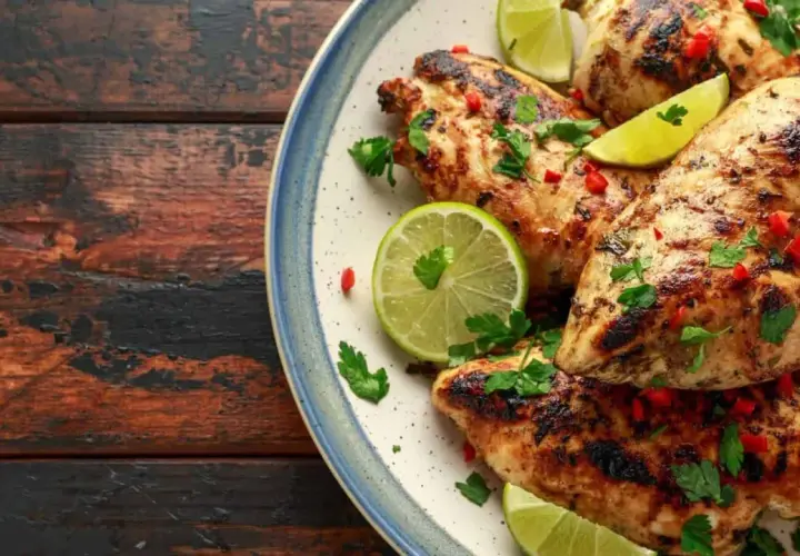 Poulet grillé, garni de coriandre fraîche, de piment rouge et de quartiers de citron vert, évoquant une savoureuse marinade mexicaine.