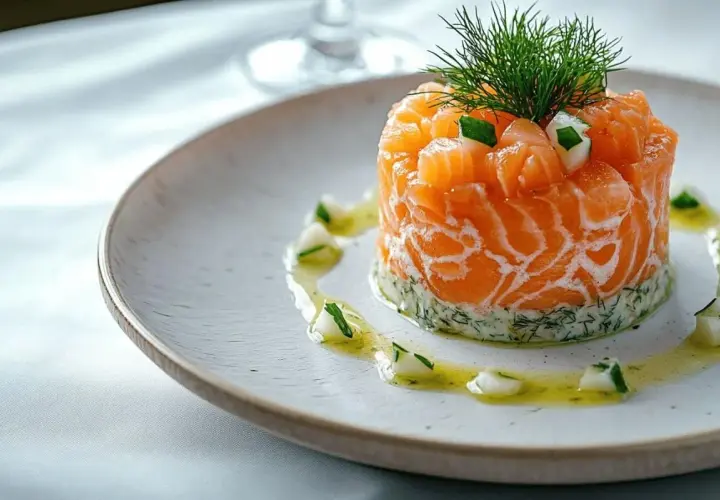 Tartare de saumon frais, délicatement préparé avec une touche de saumure, garni d'aneth et servi sur une assiette élégante.