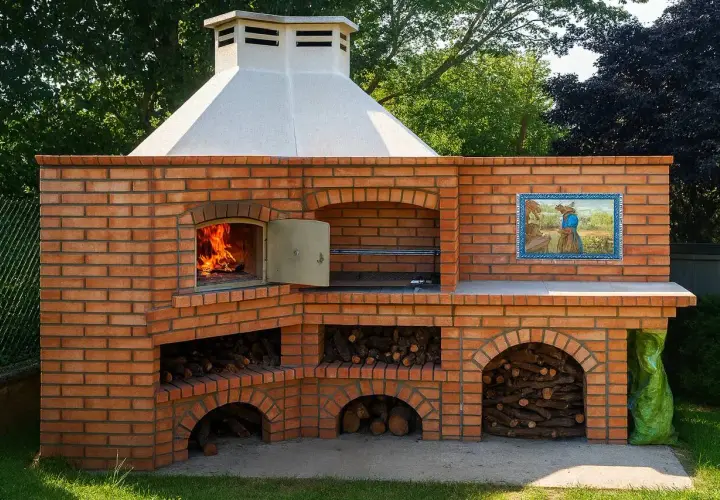 Un grand barbecue en briques, avec un feu qui crépite et du bois rangé, prêt pour un repas rustique au barbecue.