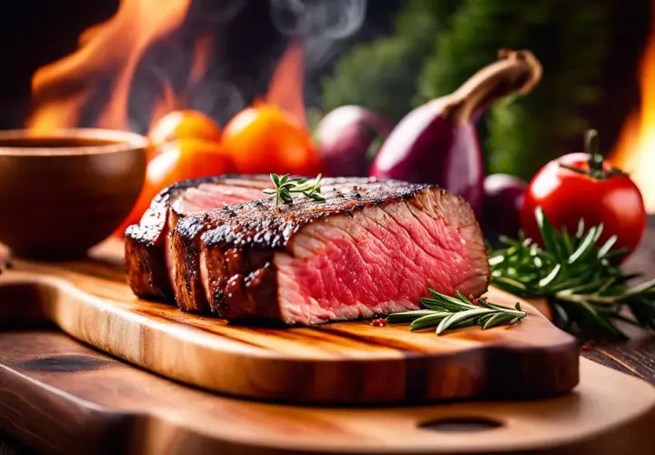 Un steak juteux, coupé en deux, sur une planche en bois, avec des flammes de barbecue rapide en arrière-plan. Tomates et oignons pour accompagner.