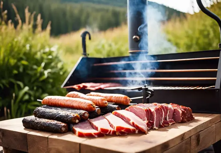 Saucisses, poisson fumé et viande prêts pour une recette de fumage à froid. La fumée s'échappe du fumoir en plein air.