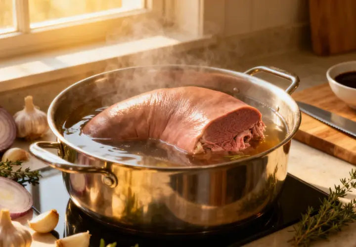 Une langue de bœuf mijote dans une casserole, entourée d'oignons, d'ail et de thym. Un cours de cuisine savoureux en préparation.