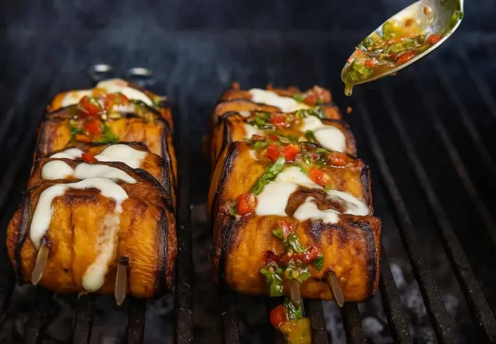 Aubergines grillées garnies de mozzarella fondante et d'une sauce tomate-basilic, parfaites pour un barbecue estival.
