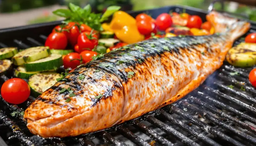 Un poisson entier, un beau sole au barbecue, cuit à la perfection avec des légumes grillés autour.