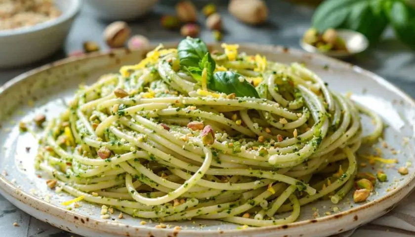 Spaghetti généreusement enrobés d'un pesto pistache vibrant, garni de pistaches concassées et d'une feuille de basilic frais.