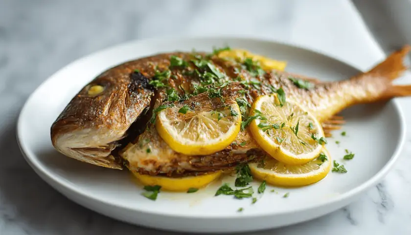 Dorade entière rôtie, garnie de rondelles de citron et de persil frais. Un délice simple, parfait pour une marinade dorade.
