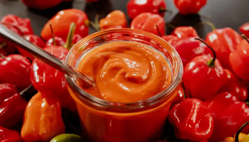 Un pot de sauce piquante maison, entouré de piments rouges et verts. Une cuillère est plongée dans la sauce, prête à être dégustée. Une recette de sauce piquante à essayer !