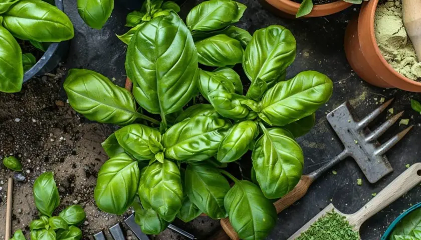 Plante de basilic luxuriante, prête à être récoltée. On imagine déjà le parfum en fumer du basilic pour un plat savoureux. Outils de jardinage à proximité.