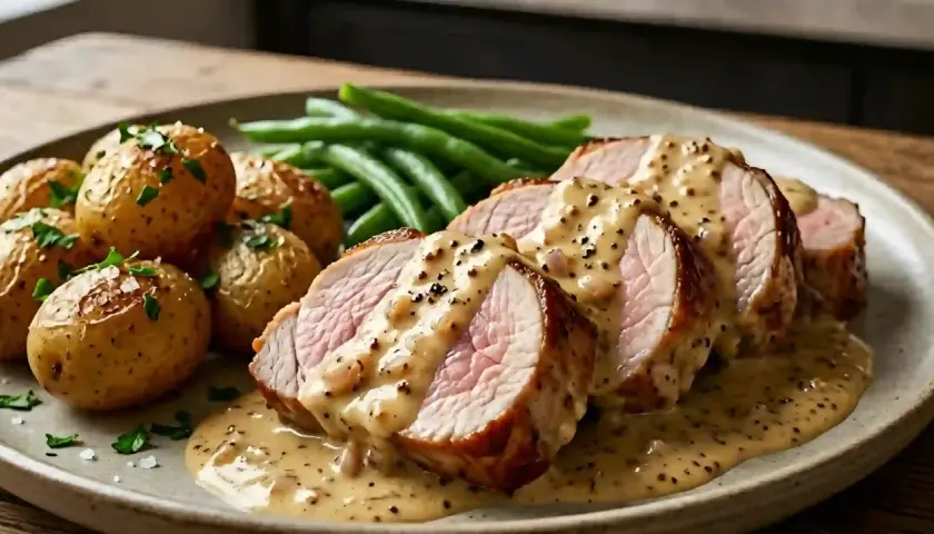Tranches de filet mignon en sauce crémeuse, accompagnées de pommes de terre rôties et de haricots verts. Un plat savoureux.