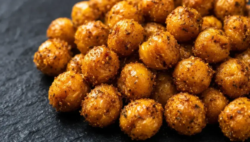 Gros plan sur des pois chiches au four, dorés et croustillants, assaisonnés d'épices. Parfait pour un snack sain.