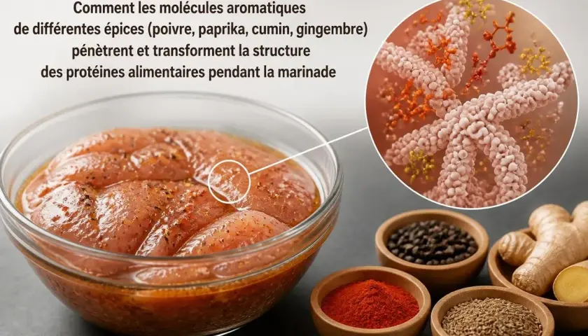 Marinade de poulet avec des épices, montrant l'interaction des molécules aromatiques des 4 épices avec les protéines alimentaires.